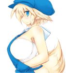  1girl bare_shoulders blonde_hair blue_eyes blush breasts fox_tail hat huge_breasts original overalls pointy_ears profile sakaki_(noi-gren) short_hair simple_background smile solo tail white_background 