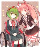  2girls :d blush_stickers green_eyes green_hair hairband hatoichi_reno long_hair looking_at_viewer monaka_(dangan_ronpa) multiple_girls open_mouth pink_eyes pink_hair pleated_skirt reaching school_uniform short_hair sitting skirt smile twintails utsugi_kotoko wheelchair zettai_zetsubou_shoujo 