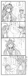  1boy 1girl 4koma :d admiral_(kantai_collection) ahoge bbb_(friskuser) comic detached_sleeves double_bun hairband hat highres kantai_collection kongou_(kantai_collection) long_hair military military_uniform monochrome naval_uniform nontraditional_miko open_mouth peaked_cap sharp_teeth smile sweat translated uniform 