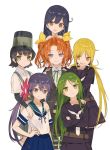  6+girls akebono_(kantai_collection) arare_(kantai_collection) black_hair blonde_hair blue_hair brown_eyes green_eyes green_hair hair_ornament hair_ribbon hand_on_hip hand_on_shoulder hat highres kagerou_(kantai_collection) kantai_collection long_hair multiple_girls nagatsuki_(kantai_collection) official_art open_mouth orange_hair purple_hair ribbon satsuki_(kantai_collection) school_uniform serafuku short_hair side_ponytail smile takekono twintails ushio_(kantai_collection) violet_eyes yellow_eyes 