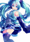  1girl blue_eyes detached_sleeves green_hair hatsune_miku headset long_hair looking_at_viewer necktie rinndouk simple_background skirt sleeves_past_wrists solo thigh-highs twintails very_long_hair vocaloid white_background 