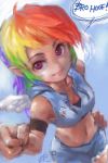  1girl armlet eyelashes fist_bump hand_on_hip have_to_pee long_hair looking_at_viewer midriff min_chan-wook mini_wings my_little_pony my_little_pony_friendship_is_magic personification pointy_ears rainbow_dash rainbow_hair shorts smile solo speech_bubble violet_eyes 