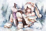  1girl :d animal_hood brown_eyes brown_hair bunny_hood character_request coat earmuffs holding looking_at_viewer monster_hunter open_mouth sitting smile snowing solo sword toutenkou weapon 