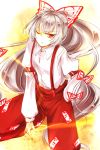  1girl ;( bow fujiwara_no_mokou hair_bow kutsuki_kai long_hair ofuda pants red_eyes shirt silver_hair suspenders touhou very_long_hair 