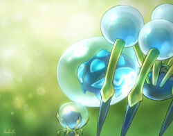  animal_focus araquanid blurry blurry_background bubble bug commentary_request dewpider evolutionary_line hashibi_rokou no_humans pokemon pokemon_(creature) pokemon_focus signature 