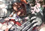  1girl brown_eyes brown_hair cherry_blossoms detached_sleeves holding kantai_collection long_hair machinery oriental_umbrella petals pleated_skirt ponytail sitting skirt smile solo tree_shade tsuuhan turret umbrella yamato_(kantai_collection) 