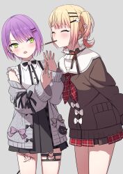  2girls black_skirt blonde_hair blunt_bangs blush bow bowtie brown_bow brown_bowtie brown_cardigan cardigan closed_eyes collar commentary_request cowboy_shot facing_another flower food food_in_mouth frilled_collar frilled_shirt frills gradient_hair green_eyes grey_background grey_cardigan hair_flower hair_ornament hairclip half-skirt heart heart_o-ring highres hololive jirai_kei leg_tattoo looking_to_the_side miniskirt momosuzu_nene momosuzu_nene_(casual) multicolored_hair multiple_girls neckerchief o-ring o-ring_thigh_strap off_shoulder official_alternate_costume official_alternate_hairstyle open_cardigan open_clothes pink_hair plaid_clothes plaid_skirt pleated_skirt pocky pocky_in_mouth purple_hair rainna red_neckerchief red_skirt sailor_collar shirt short_hair short_twintails sidelocks simple_background skirt small_sweatdrop standing suspender_skirt suspenders swept_bangs tail tail_ornament tattoo thigh_strap tokoyami_towa tokoyami_towa_(jirai_kei) twintails virtual_youtuber white_sailor_collar white_shirt 