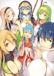  1boy 5girls blonde_hair blue_eyes blue_hair breasts carrie_(sennen_sensou_aigis) character_request cleavage glasses green_eyes green_hair hairband highres hood itsuwa_(lethal-kemomimi) katie_(sennen_sensou_aigis) long_hair looking_at_viewer multiple_girls open_mouth orange_eyes pink_hair red_eyes scarf sennen_sensou_aigis short_hair smile staff yellow_eyes 