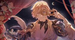  1boy absurdres aqua_eyes black_bow black_cape black_scarf blonde_hair bow cape chinese_commentary collared_shirt crescent_moon curtained_hair curtains domino_mask earrings eye_mask flower gold_earrings hair_between_eyes highres holding holding_mask jewelry lars_rorschach lars_rorschach_(masquerade) long_sleeves looking_at_viewer lovebrush_chronicles male_focus mask masquerade_mask moon night official_alternate_costume one_eye_closed parted_lips partially_unbuttoned pectoral_cleavage pectorals pink_flower pink_rose plume rose scarf shirt short_hair sky smile star_(sky) starry_sky swept_bangs upper_body wolf_cut yellow_bow yellow_shirt z6 