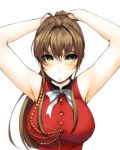  1girl adjusting_hair amagi_brilliant_park andrew1998 antenna_hair armpits arms_up blush bow breasts brown_hair bust highres large_breasts long_hair looking_at_viewer mouth_hold ponytail sento_isuzu solo tying_hair yellow_eyes 