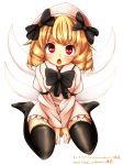  1girl black_legwear blonde_hair bow chestnut_mouth colored dress drill_hair fairy_wings hat hat_bow juliet_sleeves long_sleeves looking_at_viewer luna_child open_mouth puffy_sleeves red_eyes sitting solo thigh-highs tosi touhou v_arms wariza white_dress wings zettai_ryouiki 