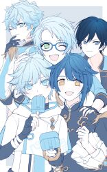  5boys ahoge akehoshi_subaru alternate_color antenna_hair bandaged_arm bandages black_gloves black_hair black_shirt blue-framed_eyewear blue_eyes blue_gem blue_hair blue_jacket blue_ribbon blush border bracelet bridal_gauntlets chinese_clothes chongyun_(genshin_impact) clenched_hand closed_mouth cloud_print commentary_request crossover diamond-shaped_pupils diamond_(shape) earrings ensemble_stars! epaulettes fingerless_gloves fingernails food frills from_behind gem genshin_impact glasses gloves gold_bracelet green_eyes grey_background hair_between_eyes hand_on_another's_head hand_on_own_chin hand_on_own_hip hand_up hands_up hidaka_hokuto highres holding holding_food holding_ice_cream hood hoodie ice_cream jacket jewelry kuromame lapels licking looking_at_viewer looking_back male_focus mandarin_collar multiple_boys one_eye_closed open_clothes open_jacket open_mouth outside_border pendant ribbon shirt short_hair short_sleeves simple_background single_earring smile symbol-shaped_pupils t-shirt tank_top tassel tassel_earrings teeth tongue tongue_out upper_body v-shaped_eyebrows white_border white_hoodie white_shirt white_tank_top xingqiu_(genshin_impact) yellow_eyes yellow_ribbon yuuki_makoto_(ensemble_stars!) 
