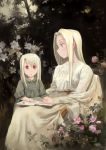  2girls blonde_hair book dress fate/zero fate_(series) flower highres illyasviel_von_einzbern irisviel_von_einzbern long_hair mother_and_daughter multiple_girls open_mouth red_eyes sitting smile tauke white_hair younger 