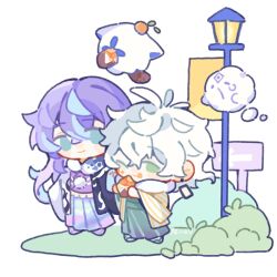  2boys ;q alternate_costume artist_name blue_hair blush bush chibi clouds earrings ghost grass green_eyes green_kimono hanafuda_earrings highres hoshirube_sho iridescent_clothes japanese_clothes jewelry kimono long_hair looking_at_another male_focus multicolored_hair multiple_boys murakumo_kagetsu nijisanji one_eye_closed otomo_(hoshirube_sho) overskirt purple_hair short_hair shuxingbuming_moxiaobai smile streaked_hair tongue tongue_out virtual_youtuber watakumo_(murakumo_kagetsu) white_hair 