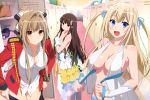  3girls :d absurdres aiguillette amagi_brilliant_park antenna_hair bare_shoulders black_hair blonde_hair blue_eyes blush bow breasts brown_eyes brown_hair cleavage collarbone dress flower hair_bow hair_flower hair_intakes hair_ornament hair_ribbon hair_tubes highres koborii_(amaburi) large_breasts locker_room long_hair long_sleeves looking_at_viewer megami multiple_girls off_shoulder official_art open_clothes open_mouth open_shirt ponytail ribbon scan sento_isuzu shiny shiny_hair skirt smile sylphy_(amaburi) thigh-highs twintails two_side_up undressing uniform untied white_legwear wrist_cuffs 