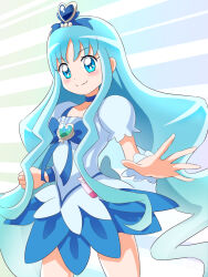 1girl blue_background blue_choker blue_eyes blue_hair blue_skirt blue_wrist_cuffs brooch choker commentary_request cowboy_shot cure_marine heart heart_brooch heartcatch_precure! highres jewelry kei_yunokawa kurumi_erika long_hair magical_girl precure skirt smile solo wrist_cuffs