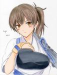  1girl breasts brown_eyes brown_hair bust character_name flight_deck hand_on_own_chest highres japanese_clothes kaga_(kantai_collection) kantai_collection looking_at_viewer muneate potecat short_sleeves side_ponytail simple_background sketch solo tasuki white_background yugake 