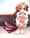  1girl akigumo_(kantai_collection) barefoot blush brown_hair crossed_legs feet green_eyes hair_ribbon hands_together kantai_collection legs long_hair mole ponytail ribbon sitting skirt solo toes 