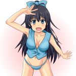  1girl bikini black_hair blue_eyes breasts cleavage fang ganaha_hibiki highres idolmaster long_hair ponytail swimsuit takumi_(rozen_garten) vest 