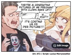  1girl ani_(xai) at2. black_dress black_gloves black_hair black_ribbon blonde_hair breasts commentary dress elon_musk english_commentary english_text frown gloves hair_ribbon highres large_breasts long_hair merryweather open_mouth ribbon short_hair simple_background speech_bubble surprised teeth twintails twitter twitter's_edit_image_button violet_eyes wide-eyed 