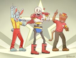 2016 2d 3boys animal_ears anthro arm_up armor artist_name barefoot black_pants blue_fur blue_shorts body_fur boots brown_fur burgerpants cape cat cat_boy cat_ears cat_tail digital_media furry furry_male gloves gradient_background grey_background hat holding holding_microphone humanoid index_finger_raised male male_focus male_only mammal microphone mini_hat monster monster_boy multiple_boys nice_cream_guy pants papyrus_(undertale) powaro02 rabbit rabbit_boy rabbit_ears rabbit_tail red_boots red_cape red_gloves red_pants red_shirt shirt shorts simple_background skeleton star_(symbol) star_symbol_background tail teeth trio twitter_username two-tone_background undead undertale utdr_(toby_fox) white_armor white_background 