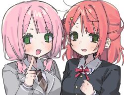  2girls bang_dream! black_jacket blunt_bangs blush brown_necktie collared_shirt commentary diagonal-striped_clothes diagonal-striped_necktie green_eyes grey_jacket hair_bun hair_ornament hairclip haneoka_school_uniform index_finger_raised jacket long_sleeves looking_at_viewer love_live! love_live!_nijigasaki_high_school_idol_club low_twintails medium_hair metametmonmong multiple_girls name_connection neck_ribbon necktie open_mouth pink_hair red_ribbon ribbon school_uniform shirt simple_background single_side_bun smile striped_clothes striped_necktie twintails uehara_ayumu uehara_himari upper_body white_background winter_uniform 