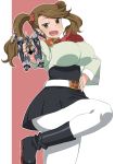  1girl boots breasts brown_eyes brown_hair gundam gundam_build_fighters gundam_build_fighters_try hand_on_hip highres large_breasts leg_up long_hair looking_at_viewer maru_(maruttona) open_mouth pantyhose r-gyagya sazaki_kaoruko smile solo twintails 