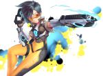 1girl black_hair dual_wielding goggles gun lena_oxton overwatch short_hair solo tracer_(overwatch) weapon 