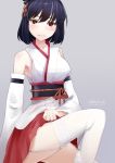  black_hair blush headdress kantai_collection miko personification red_eyes short_hair thigh_highs yamashiro_(kantai_collection) 