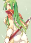  1girl :q breasts carrie_(sennen_sensou_aigis) gloves green_hair hairband highres itsuwa_(lethal-kemomimi) long_hair looking_at_viewer looking_back polearm red_eyes sennen_sensou_aigis sideboob solo tongue tongue_out weapon white_gloves 