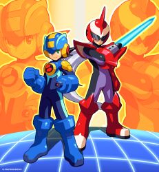  2boys absurdres arm_blade arm_cannon armor assault_visor black_hair blue_bodysuit blue_helmet bodysuit boots energy_sword green_eyes helmet highres mega_man_(series) mega_man_battle_network_(series) mega_man_battle_network_5 megaman.exe multiple_boys netnavi protoman.exe red_helmet short_hair spiky_hair sword ultimatemaverickx weapon white_hair 