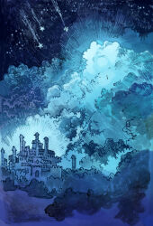  absurdres blue_clouds blue_sky blue_theme building castle cloud_focus clouds cloudy_sky commentary cumulonimbus_cloud english_commentary fantasy glowing hatching_(texture) highres maria_capelle_frantz monochrome night night_sky no_humans original outdoors scenery shooting_star sky sky_focus space star_(sky) starry_sky tower 
