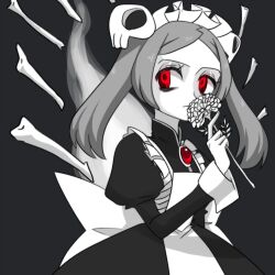 1girl apron black_background bloody_marie_(skullgirls) bone brooch commentary_request flower frilled_apron frills gem grey_hair greyscale hair_ornament haruki_sparsa holding holding_flower jewelry looking_to_the_side maid_headdress monochrome red_eyes red_gem skull_hair_ornament skullgirls solo spot_color twintails upper_body 