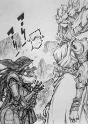  armor arms_at_sides breasts cape chronozbergh clothing_cutout commentary covered_eyes crosshatching elden_ring elden_ring_nightreign english_commentary english_text from_side fur_trim giant giantess greyscale halter_shirt halterneck hatching_(texture) helmet helmet_over_eyes highres large_breasts linear_hatching long_hair looking_at_another looking_up malenia_blade_of_miquella mechanical_arms monochrome navel_cutout ornate_armor plunging_neckline prosthesis prosthetic_arm sarong simple_background single_mechanical_arm size_difference sound_effects speech_bubble steepled_fingers tall_female traditional_media weapon_bequeathed_harmonia_(elden_ring) white_sarong winged_helmet wrist_wrap 