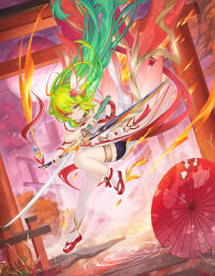  1girl braid fire floating flower green_hair hair_flower hair_ornament highres japanese_clothes katana long_hair miko multicolored_hair oil-paper_umbrella original pantyhose red_sandals sandals shrine single_braid solo streaked_hair sword tachi_(weapon) temple thigh-highs umbrella very_long_hair weapon white_pantyhose white_thighhighs yellow_eyes yizhibao 