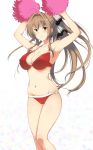  1girl amagi_brilliant_park armpits arms_up bikini blush bow breasts brown_eyes brown_hair cleavage hair_bow highres large_breasts masaoka_misaki navel o-ring_bikini pom_poms ponytail sento_isuzu solo swimsuit 