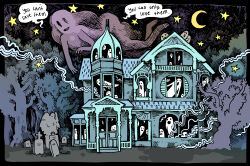  1girl :o absurdres angel black_border border building clouds commentary cool_colored crescent_moon curly_hair dark doorway english_text floating fog forest ghost ghost_girl graveyard hatching_(texture) highres hitodama house long_hair looking_at_viewer maria_capelle_frantz moon nature night night_sky original outdoors outside_border porch purple_sky scenery sky speech_bubble star_(sky) symbol-only_commentary tombstone tree window window_shutter 