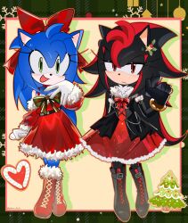  2girls :/ :d belt black_belt black_bodice black_boots black_corset black_fur black_gloves blue_fur boots bow bowtie bubble_skirt choker christmas christmas_hair_ornament christmas_ornaments christmas_tree closed_mouth corset crossed_legs dress drop_shadow full_body furry genderswap genderswap_(mtf) gloves green_bow green_bowtie green_eyes hairband heart hedgehog_girl highres long_eyelashes long_hair looking_at_viewer multicolored_hair multiple_girls open_mouth puffy_dress puffy_sleeves red_boots red_bow red_bowtie red_choker red_dress red_eyes red_fur red_hairband red_skirt shadow_the_hedgehog skirt sleeve_belt smile snow snowflake_print sonic_(series) sonic_the_hedgehog standing twitter_username watson_cross white_gloves yukina_fuyuki 