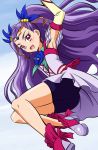  1girl :d arm_up armpits bike_shorts circlet flower frills fuchi_(nightmare) highres long_hair magical_girl milk_(yes!_precure_5) milky_rose mimino_kurumi open_mouth pink_eyes precure purple_hair shoes shorts_under_skirt smile solo two_side_up yes!_precure_5 yes!_precure_5_gogo! 