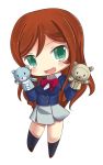  1girl :d brown_hair chibi erusen_(des-arms) green_eyes gundam gundam_build_fighters gundam_build_fighters_try kamiki_mirai long_hair looking_at_viewer open_mouth pleated_skirt puppet school_uniform simple_background skirt smile solo white_background 