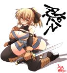  1girl adapted_costume ankle_wraps annoyed blonde_hair blush breasts cleavage curvy elbow_gloves gloves green_eyes highres hinomoto102521 kneeling large_breasts looking_at_viewer mizuhashi_parsee ninja open_mouth pointy_ears ponytail scabbard sheath shuriken solo tabi thick_thighs thigh-highs thighs touhou wakizashi wide_hips 