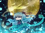  1girl bow chibi closed_eyes dress ex-keine full_moon green_hair hair_bow horn_ribbon horns kamishirasawa_keine long_hair moon night ribbon scroll shioya_mutsu solo tail touhou 