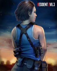  1girl belt belt_pouch blue_tank_top brown_hair embers from_behind gradient_sky gun holding holding_gun holding_weapon holster jill_valentine looking_at_viewer looking_back orange_sky outdoors overlord_jc pouch profile resident_evil resident_evil_3:_nemesis resident_evil_3_(remake) short_hair shoulder_holster sky solo sunset tank_top twilight utility_belt weapon 