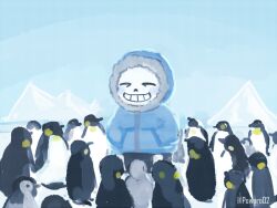  1boy 2016 2d animal artist_name bird black_shorts blue_hood blue_jacket blush_stickers closed_eyes cute digital_media full_body fur-trimmed_jacket fur_trim grey_fur hands_in_pockets hollow_eyes hood hood_up hooded_jacket humanoid jacket male male_focus male_only monster monster_boy no_lineart outdoors penguin powaro02 sans_(undertale) shorts single_vertical_stripe skeleton smile standing striped_shorts teeth too_many too_many_birds twitter_username undead undertale utdr_(toby_fox) vertical-striped_clothes vertical-striped_shorts white_stripes 