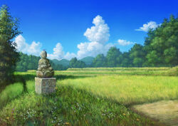  blue_sky bug clouds cumulonimbus_cloud day dragonfly field flower foliage grass hamari_rin jizou mountainous_horizon nature no_humans original outdoors scenery sky statue tree 