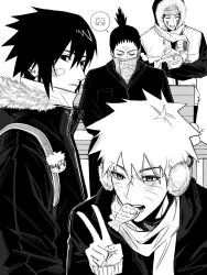  4boys akamaru_(naruto) animal bandaid bandaid_on_cheek bandaid_on_face bench black_coat black_hair character_charm charm_(object) closed_eyes closed_mouth coat damyo_x dog facial_mark food food_in_mouth fur-trimmed_hood fur_trim greyscale grin hair_between_eyes hashtag-only_commentary highres holding holding_animal holding_dog hood hood_up inuzuka_kiba male_focus monochrome multiple_boys nara_shikamaru naruto_(series) naruto_shippuuden open_mouth ponytail quad_tails scarf short_hair short_ponytail sitting smile spiky_hair taiyaki teeth temari_(naruto) uchiha_sasuke uzumaki_naruto v wagashi whisker_markings white_background white_scarf 