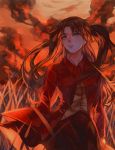  1girl blue_eyes brown_hair fate/stay_night fate_(series) field highres nogita red redhead solo tohsaka_rin toosaka_rin two_side_up 