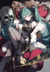  1girl absurdres ahoge belly_chain belt_around_waist black_dress black_horns black_pantyhose blue_hair china_dress chinese_clothes commentary_request commission dress fake_claws fur_scarf highres holding_cherry horns jewelry long_hair looking_at_viewer lumo_1121 morello_(morellostorment) original pantyhose pink_eyes sitting_on_throne skeb_commission skull solo_focus throne twintails 