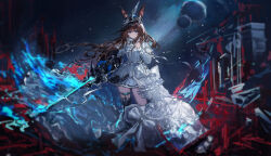  1girl absurdres amiya_(arknights) amiya_(guard)_(arknights) amiya_(guard)_(in_a_myriad_of_universes)_(arknights) animal_ears arknights black_gloves black_hat black_skirt blue_eyes bow brown_hair chinese_commentary closed_mouth commentary_request dress floating_hair full_body gloves glowing glowing_sword glowing_weapon hand_up hat highres holding holding_sword holding_weapon jewelry laoshi_wo_hao_e long_hair long_sleeves looking_at_viewer miniskirt multiple_rings night_sky rabbit_ears rabbit_girl ring single_glove skirt sky solo standing sword weapon white_bow white_dress 