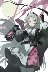  1girl absurdres arknights arm_up black_gloves black_shirt chinese_commentary closed_mouth coke_cat_(user_jkus8755) commentary cowboy_shot earrings front-seamed_legwear gloves grey_eyes grey_hair grey_pantyhose grey_skirt gun handgun highres holding holding_lantern holstered iberia_logo irene_(arknights) jewelry lantern long_hair long_sleeves pantyhose pink_skirt puffy_long_sleeves puffy_sleeves seamed_legwear shirt skirt solo standing very_long_hair weapon 